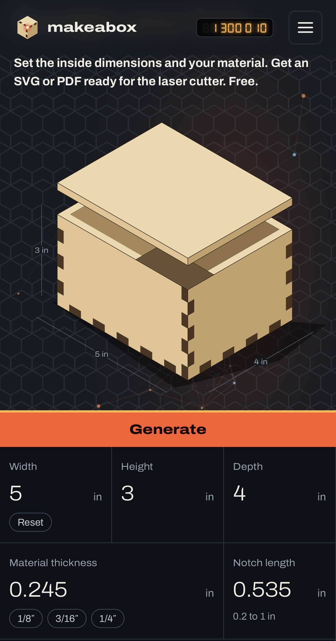 MakeABox preview showing a plain lid with no tabs lifted above the box, with dimension and material controls below.